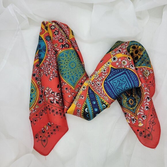 Elegant Luxury Silky Square Scarf Satin Red Tree Leaf Print Bandana Shawl Floral - Picture 3 of 6